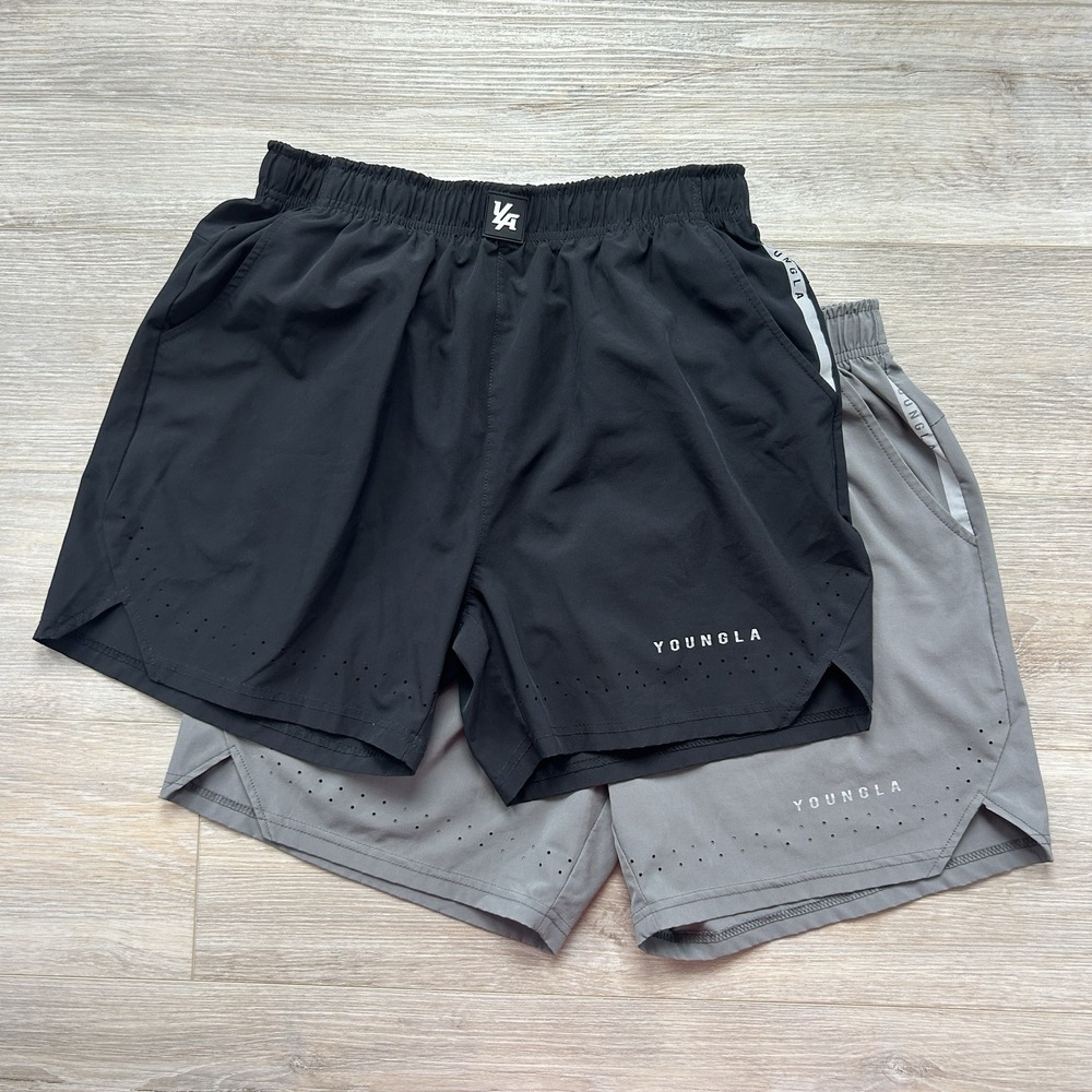 YoungLA Sprint Shorts Mens L Black Gray 4.5" Performance Bodybuilding Lot Of 2